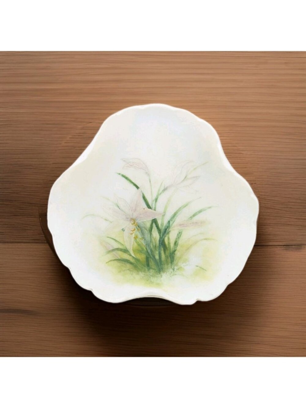 Vtg dish Hand Painted floral Porcelain Trefoil raised scalloped edges Signed